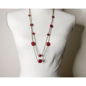 Long Coral Red Glass Bead double Strand Necklace , 32 Inch